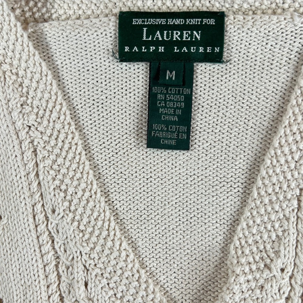 Lauren Ralph Lauren Hand Knit Cotton Sweater Vest Cream Cable Knit Button Up M - Picture 3 of 7